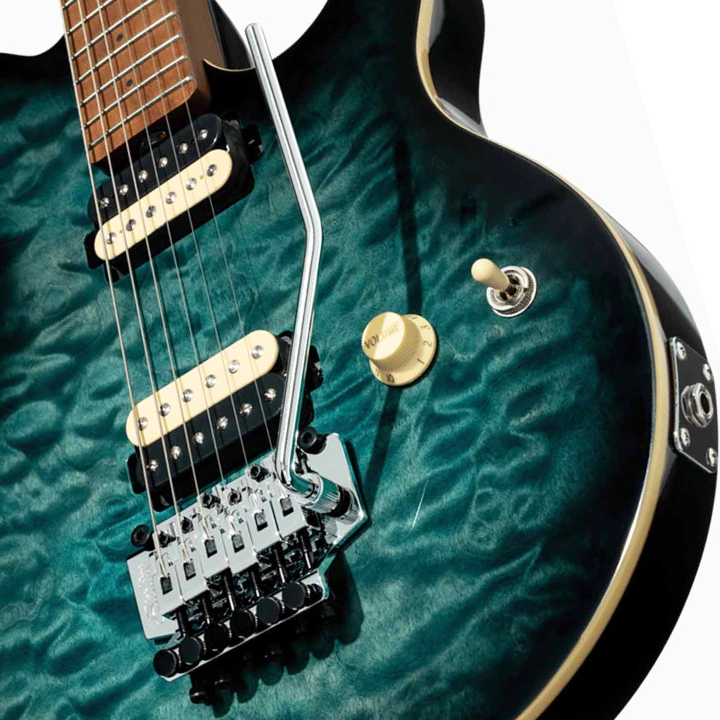 Sterling Axis Quilted Maple Top Electric Guitar - Yucatan Blue body