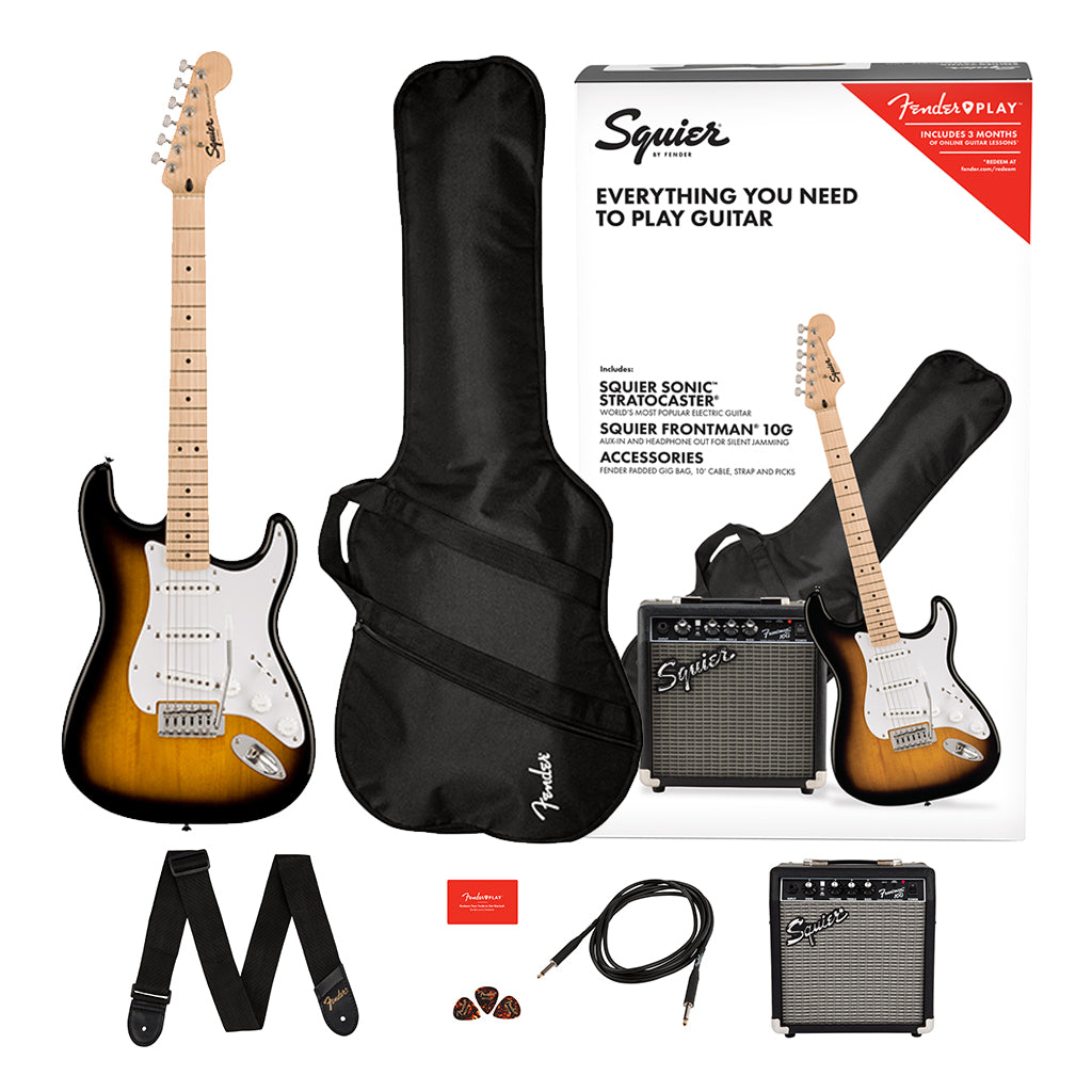 Squier Sonic Stratocaster Pack Maple Fingerboard 2 Color Sunburst Gig Bag 10G