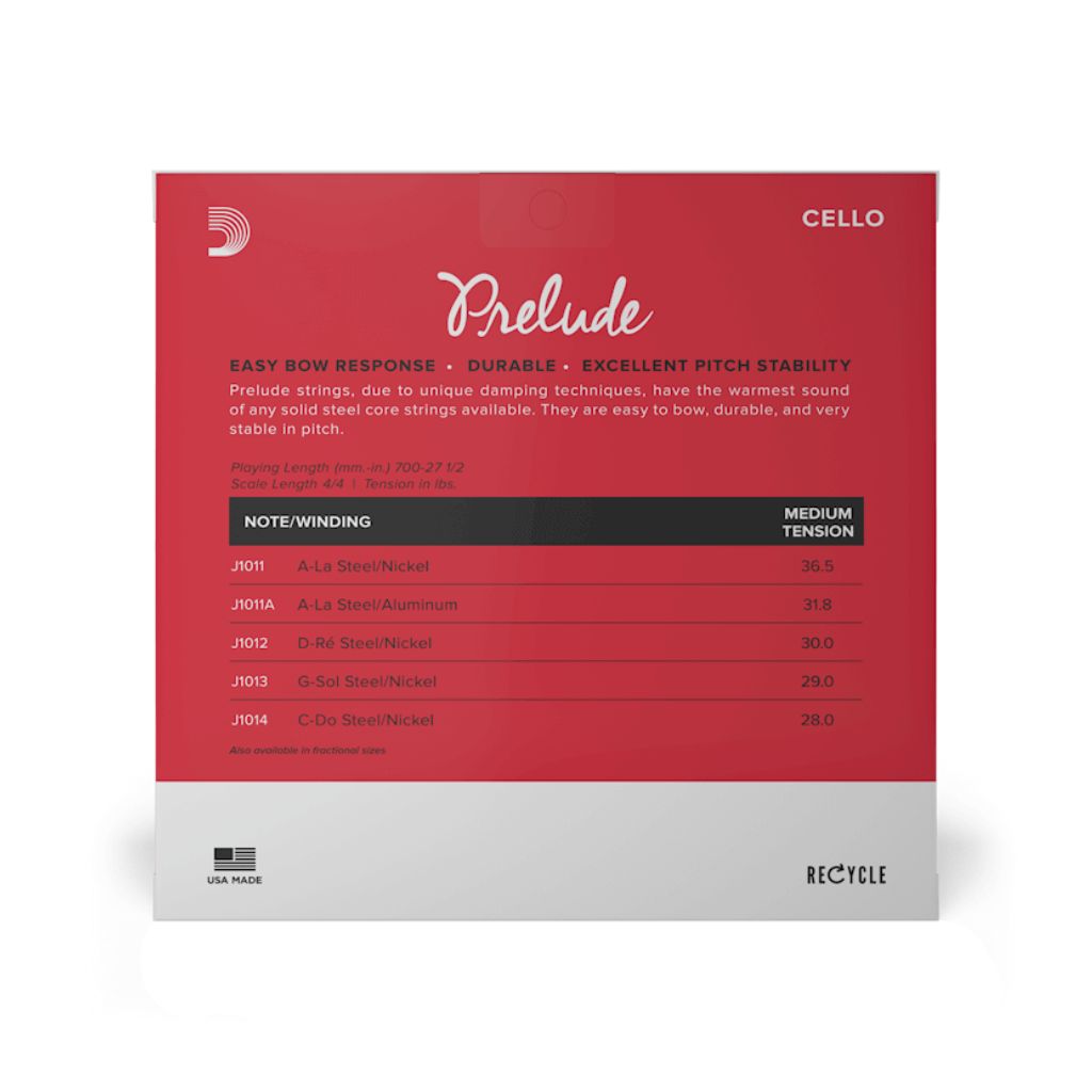 D'Addario J1010 Prelude Cello String Set - 4/4 Size Medium Tension