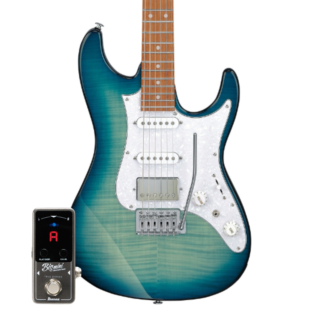 Ibanez - AZ22S1F TXB Electric Guitar Bundle With BIGMINI Tuner - Transparent Turquoise Burst