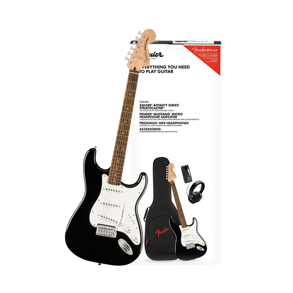 Squier Affinity Series Stratocaster Mustang Micro Pack Laurel Fingerboard with Gig Bag - Black