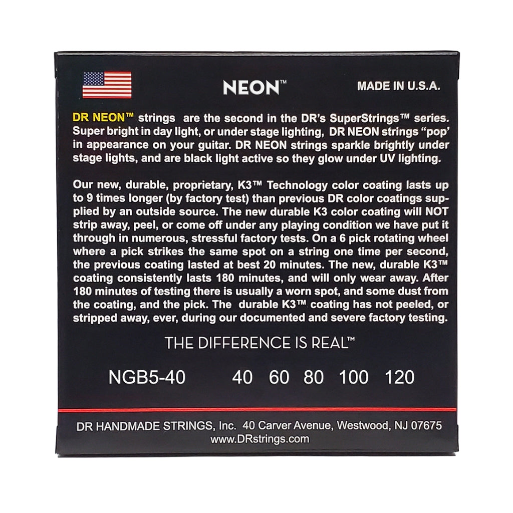 DR - Strings Hi-Def Neon Green K3 Coated 5-string Bass Guitar Strings - Light 40-120