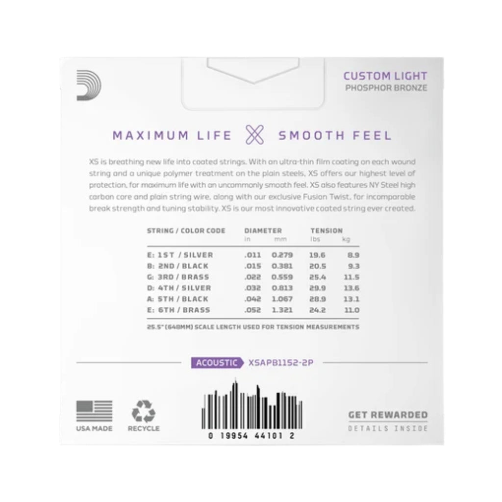 D'Addario XS Phosphor Bronze 11-52 Acoustic Guitar Strings - 2-Pack