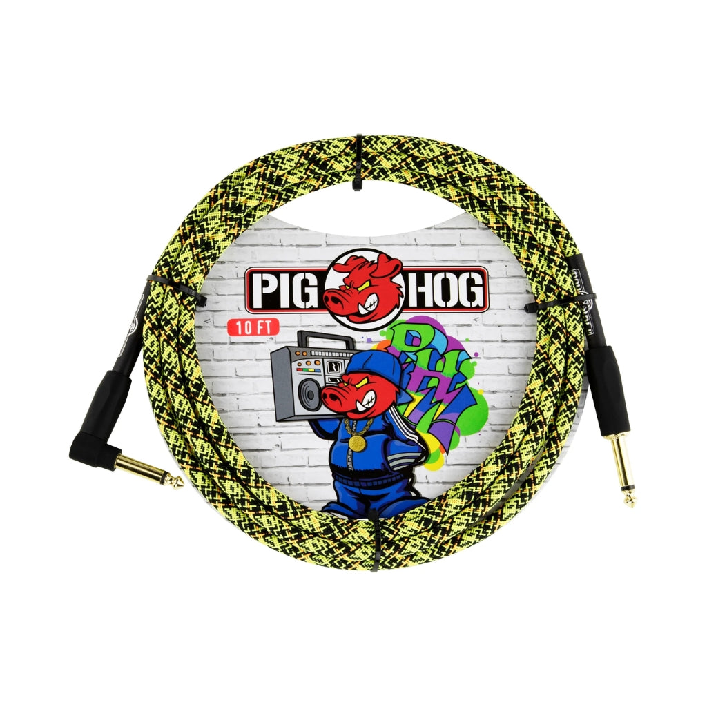 Pig Hog Instrument Cable - Yellow Graffiti, 10ft Right Angle