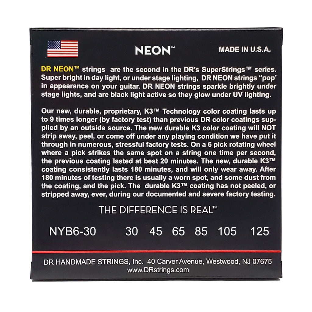 DR Strings - Hi-Def Neon Yellow K3 Coated 6-string Bass Guitar Strings - Medium 30-125