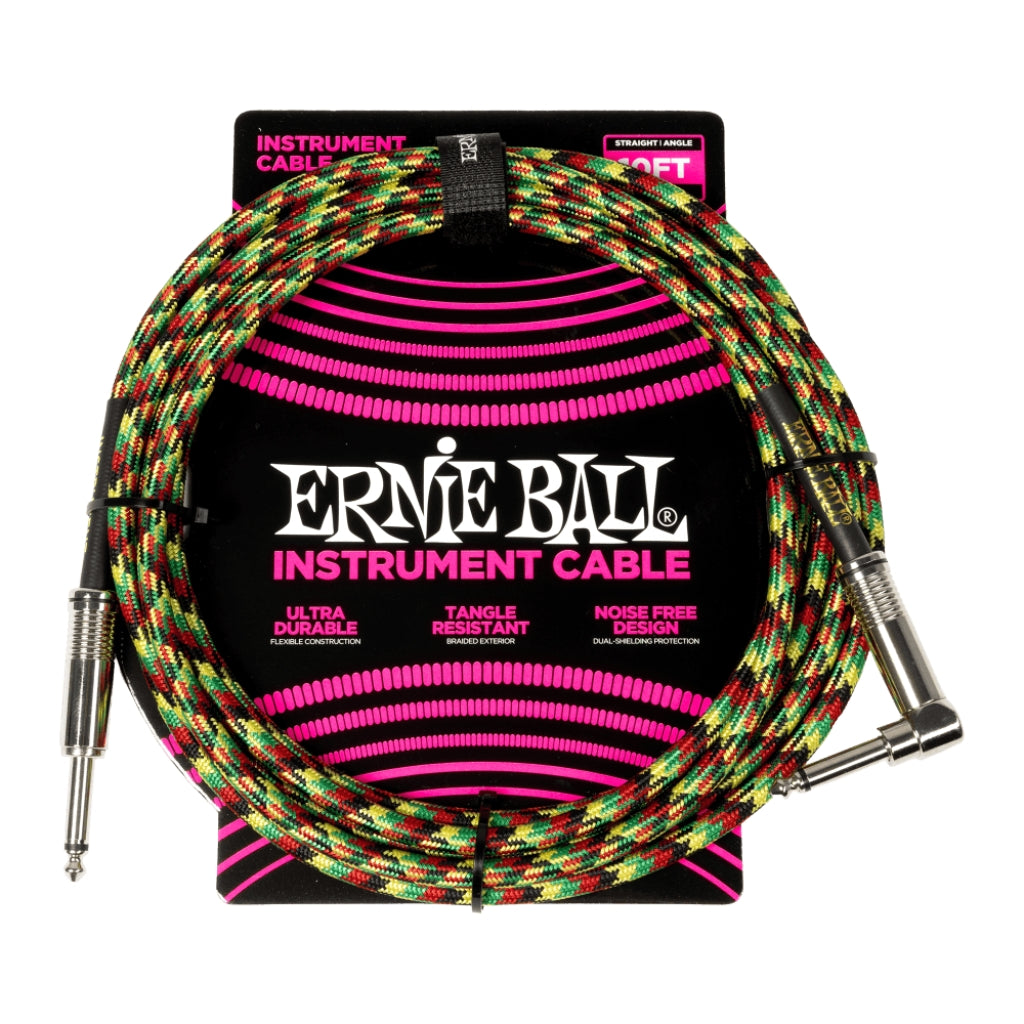Ernie Ball - Braided Instrument Cable - 1/4-inch TS to 1/4-inch TS Angled, 10 feet, Good Vibrations