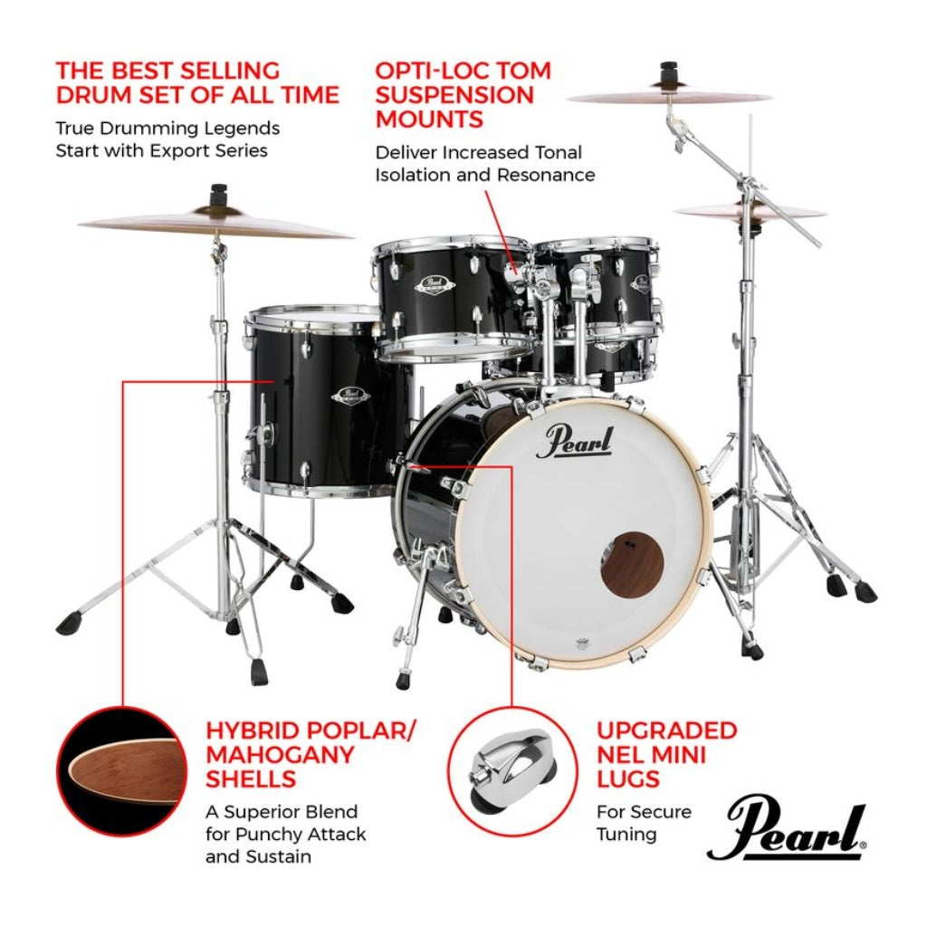 Pearl - Export 20" EXX Fusion Plus - Drum Kit Package with Zildjian Cymbals & Hardware, Jet Black