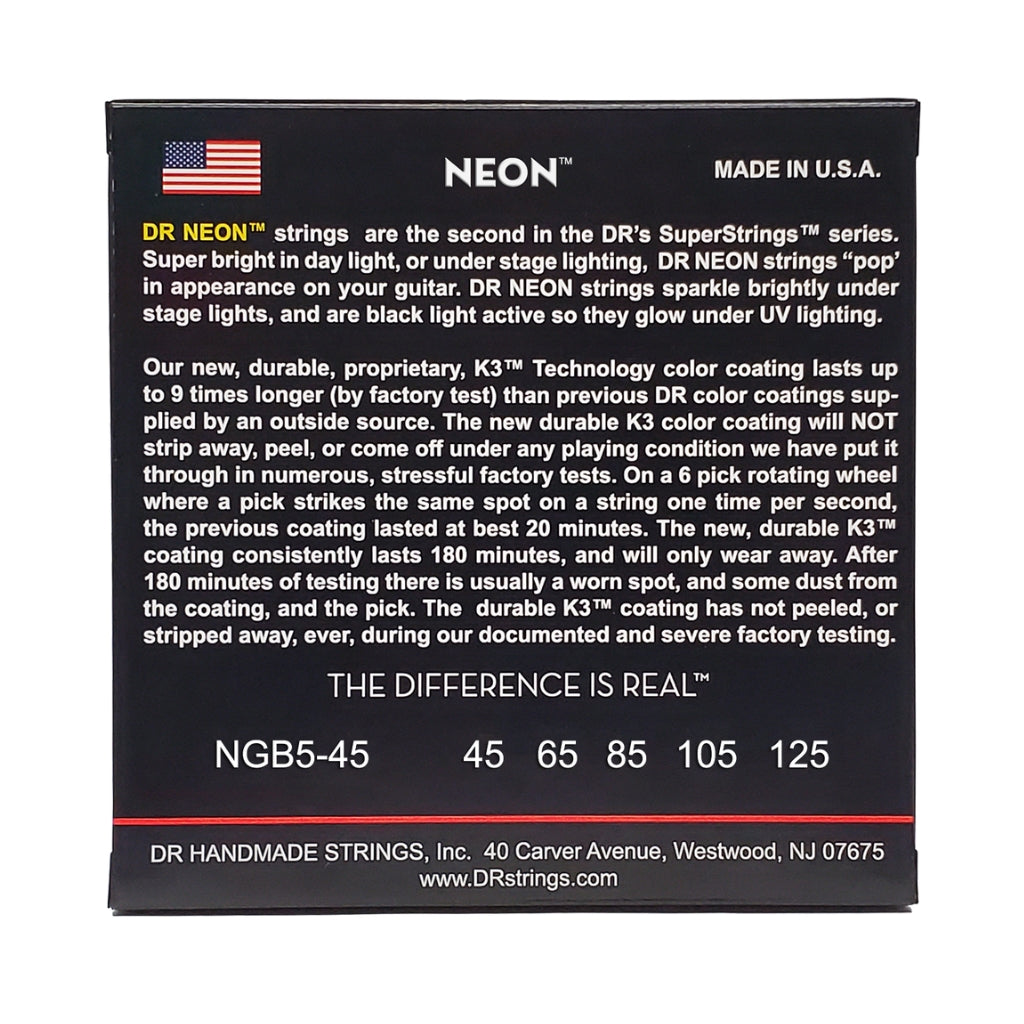 DR - Strings Hi-Def Neon Green K3 Coated 5-string Bass Guitar Strings - Medium 45-125