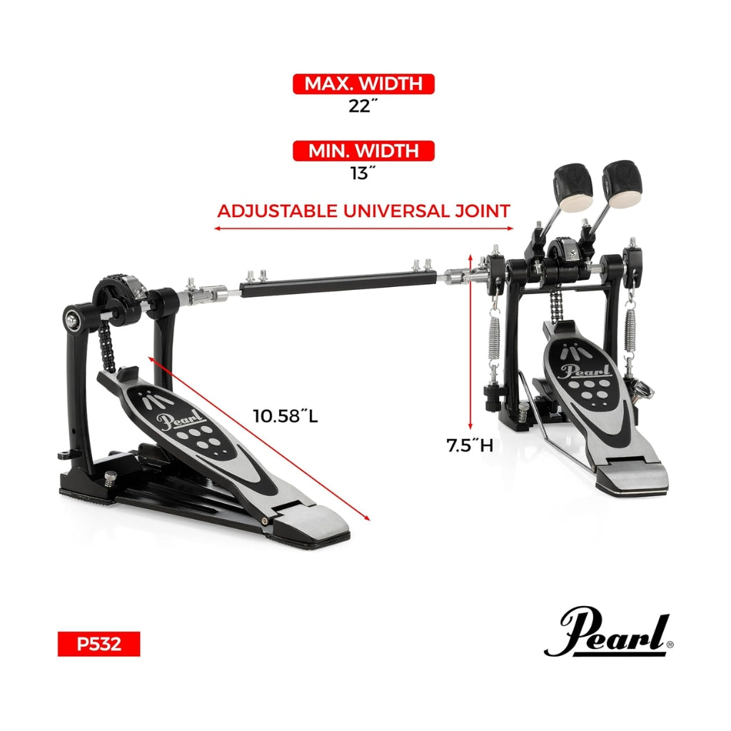 Pearl - P532 Double Bass Drum Pedal - Double Chain, 2-Way Beater