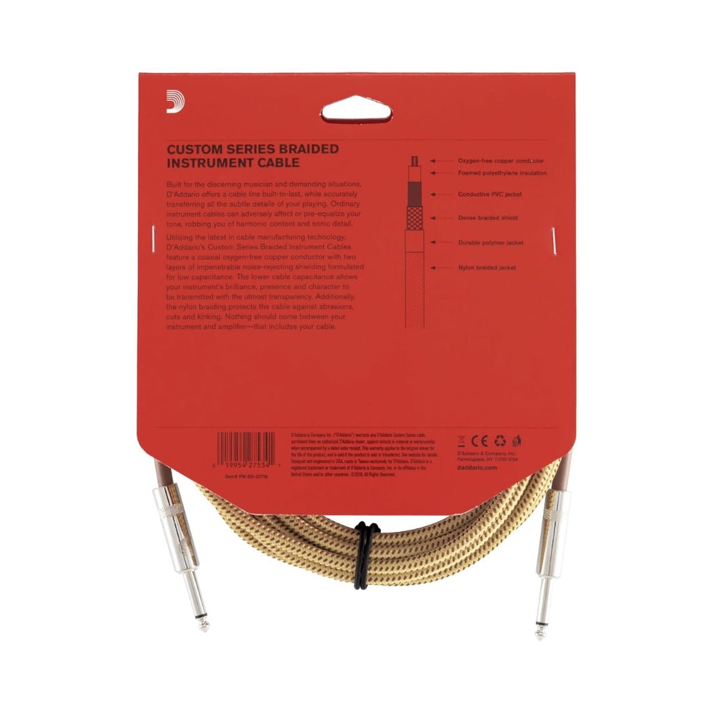 D'Addario Custom Series 20ft Braided Instrument Cable - Tweed Instrument Cables Sky Music