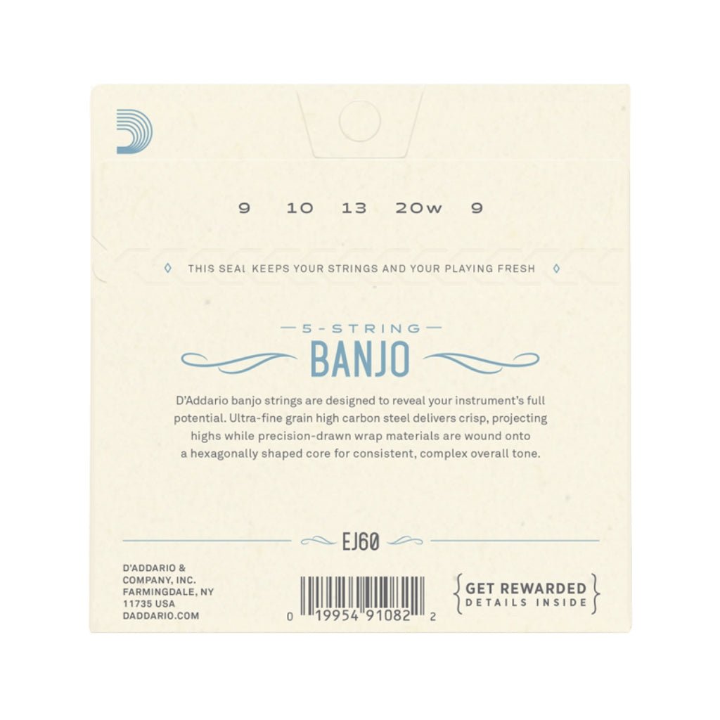 D'Addario EJ60 5-String Banjo Strings, Nickel, Light, 9-20 Fretted Instrument Strings Sky Music