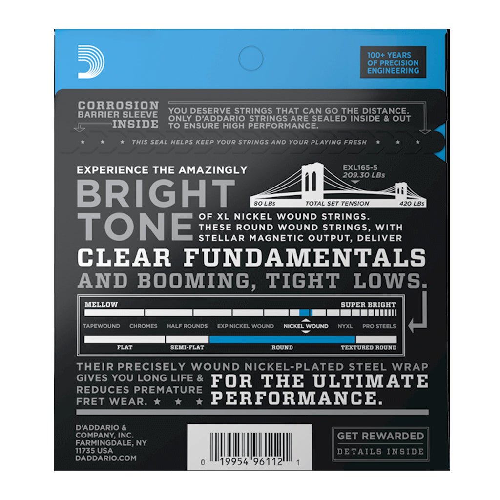 D'Addario EXL165-5 45-135 5 String Bass Set Fretted Instrument Strings Sky Music