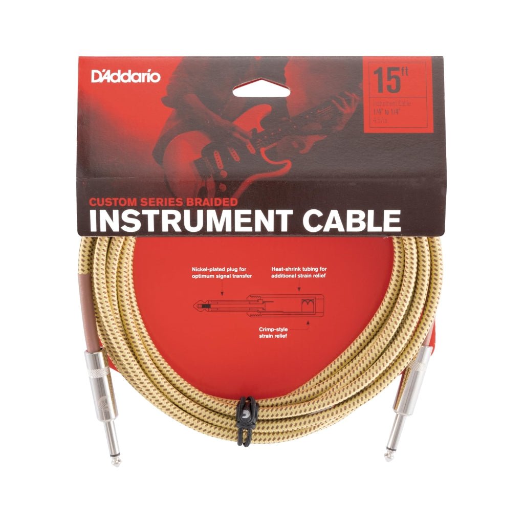 D'Addario PW-BG-15TW Braided Straight to Straight Instrument Cable - 15 foot, Tweed Instrument Cables Sky Music