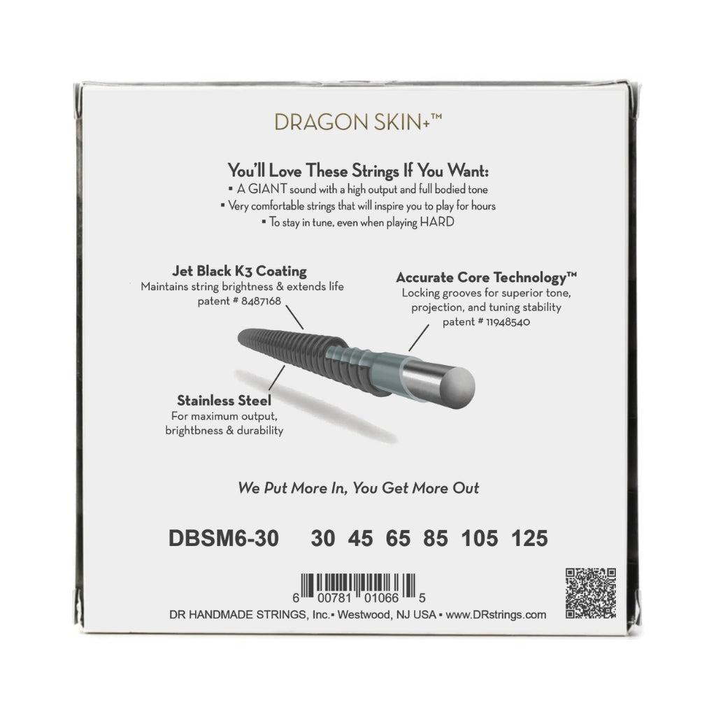 DR Black Dragon 6-String Bass Guitar Strings - .030-.125 Medium Multi Scale Bass Strings Sky Music