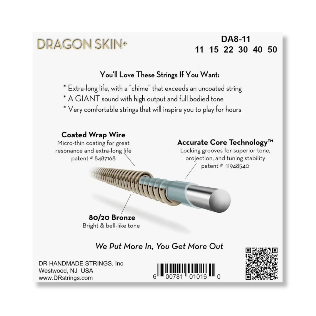 DR Strings Dragon Skin+ 80/20 Bronze Acoustic Guitar String - Custom Light 11-50 Guitar Straps Sky Music