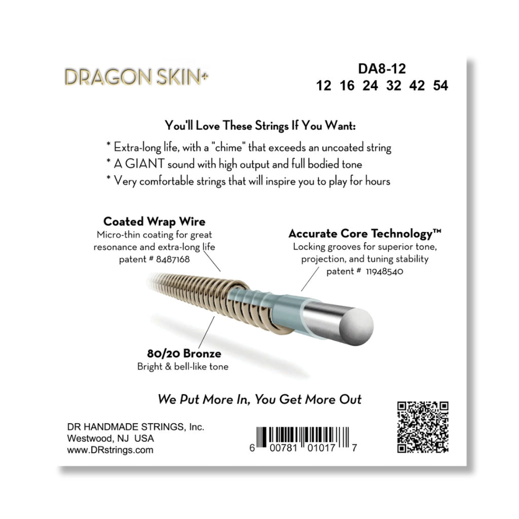 DR Strings Dragon Skin+ 80/20 Bronze Acoustic Guitar String - Light 12-54 Guitar Straps Sky Music