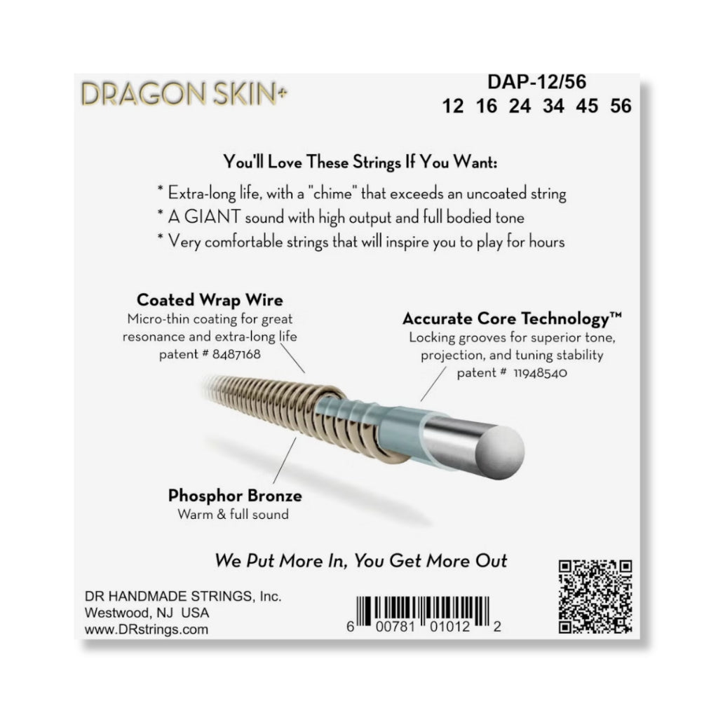 DR Strings Dragon Skin+ Phosphor Bronze Coated Acoustic Guitar Strings - Bluegrass 12-56 Guitar Straps Sky Music