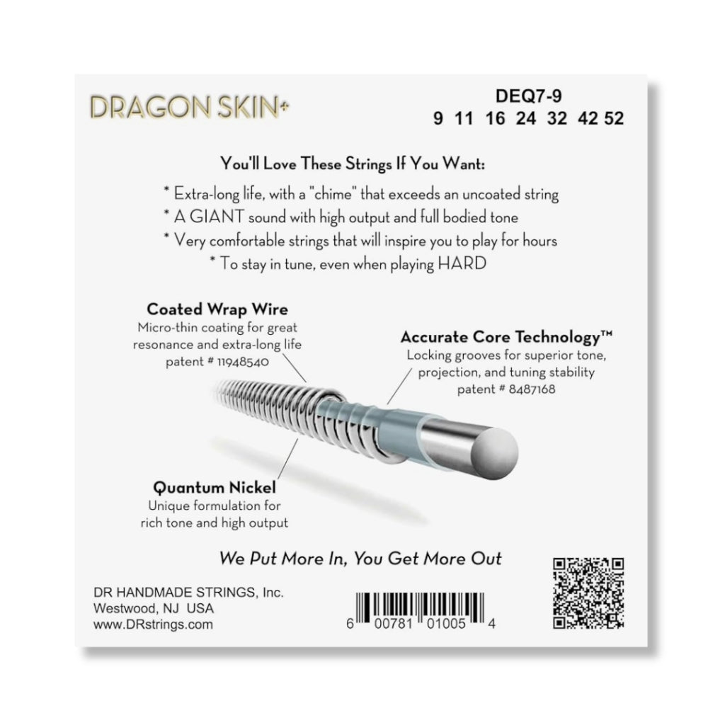 DR Strings Dragon Skin+ Quantum Nickel 7-string Electric Guitar Strings - Light 9-52 Guitar Straps Sky Music