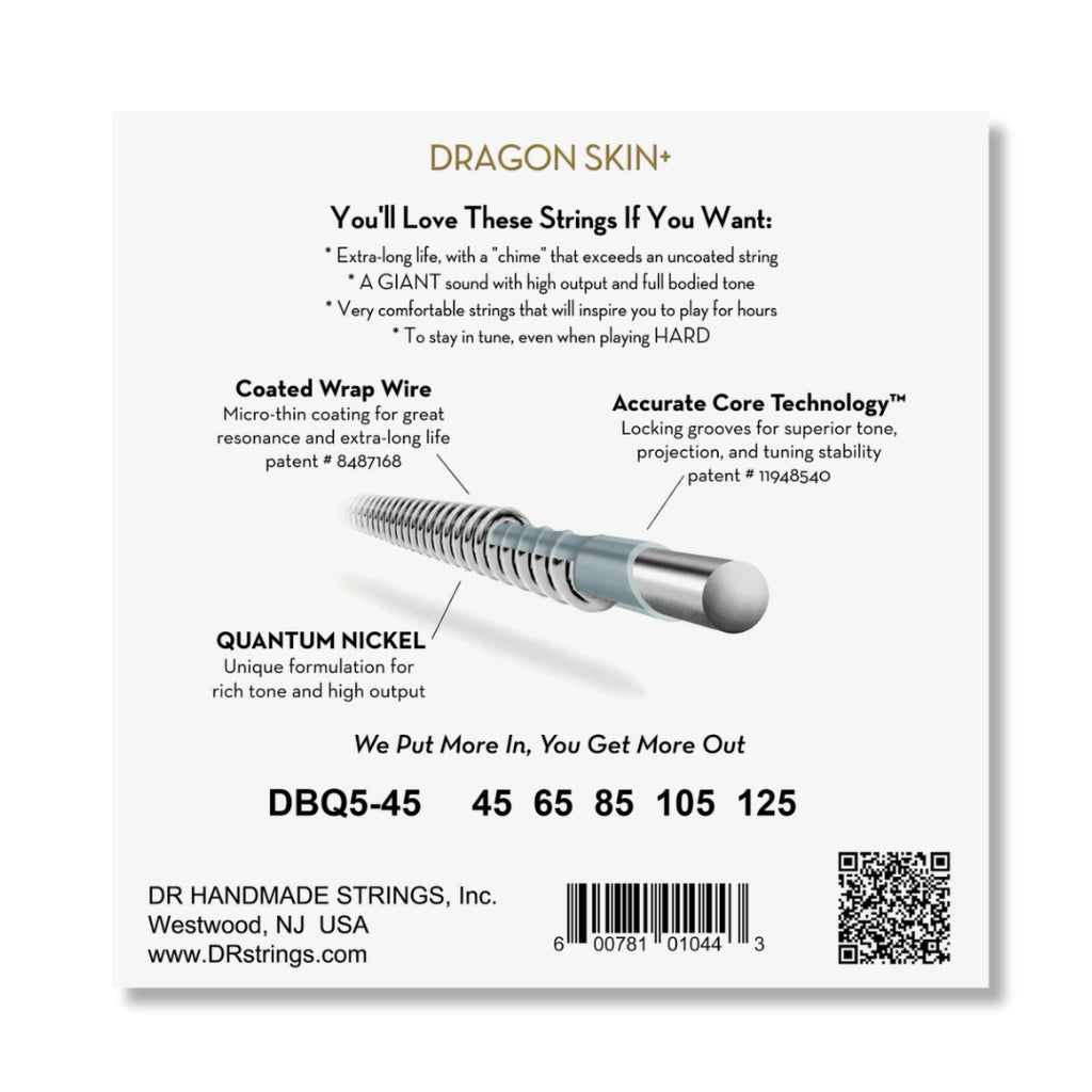 DR Strings Dragon Skin+ Quantum Nickel Bass Strings - 5-String Medium 45-125 Guitar Straps Sky Music