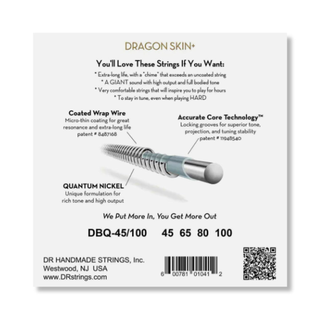 DR Strings Dragon Skin+ Quantum Nickel Bass Strings - Light to Medium 45-100 Guitar Straps Sky Music