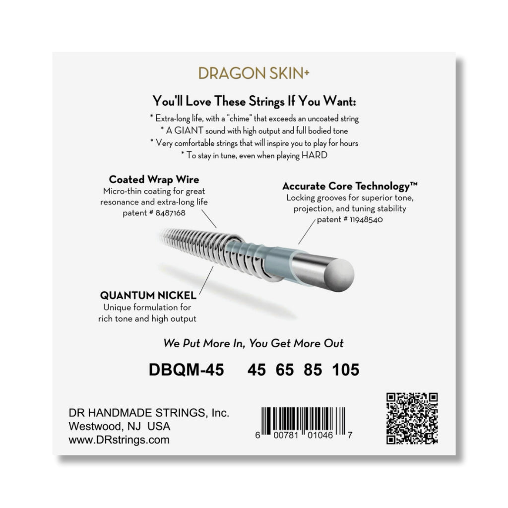 DR Strings Dragon Skin+ Quantum Nickel Bass Strings - Multi-Scale Medium 45-105 Guitar Straps Sky Music