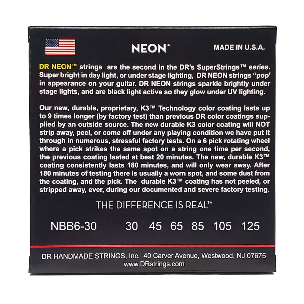 DR Strings Hi-Def Neon Blue K3 Coated 6-string Bass Guitar Strings - Medium 30-125 Bass Strings Sky Music