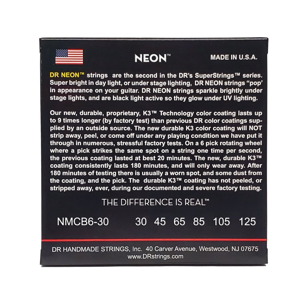 DR Strings Hi-Def Neon Multi-Color K3 Coated 6-string Bass Guitar Strings - Medium 30-125 Bass Strings Sky Music