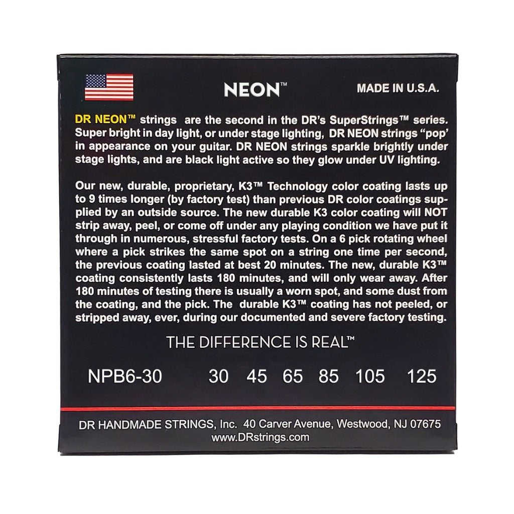DR Strings Hi-Def Neon Purple K3 Coated 6-string Bass Guitar Strings - Medium 30-125 Bass Strings Sky Music