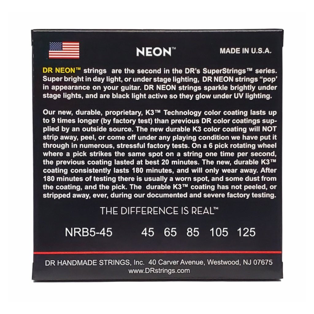 DR Strings Hi-Def Neon Red K3 Coated 5-string Bass Guitar Strings - Medium 45-125 Bass Strings Sky Music