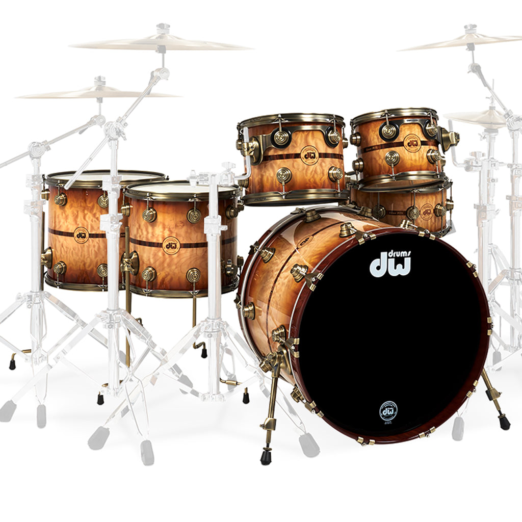 DW Collectors 50th Anniversary 6 piece Shell Pack Burnt Toast Burst Lacquer with Antique Gold Hardware