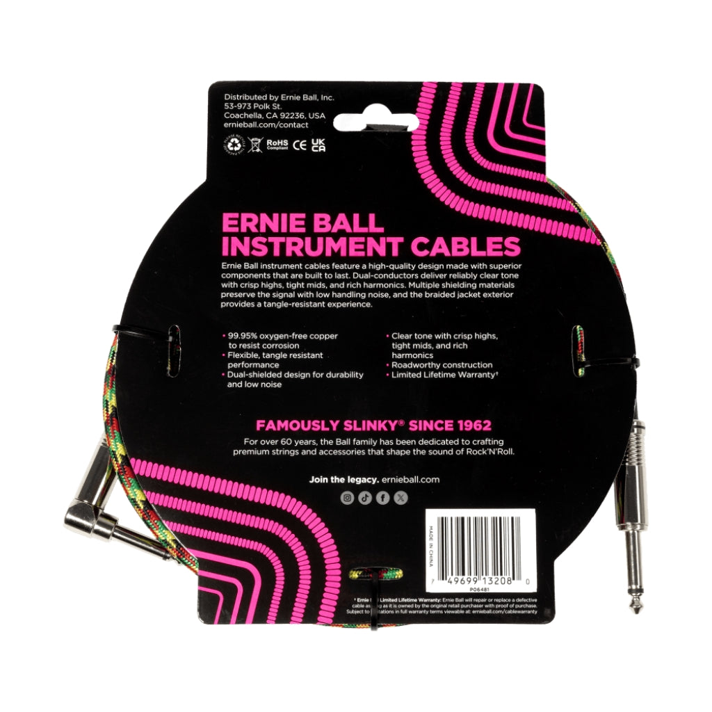 Ernie Ball - Braided Instrument Cable - 1/4-inch TS to 1/4-inch TS Angled, 10 feet, Good Vibrations