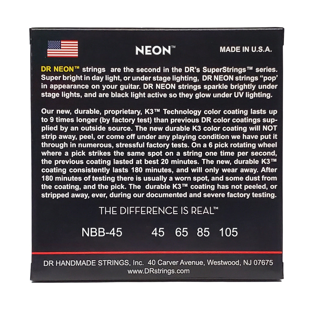 DR Strings - Hi-Def Neon Blue K3 Coated Bass Guitar Strings - Medium 45-105