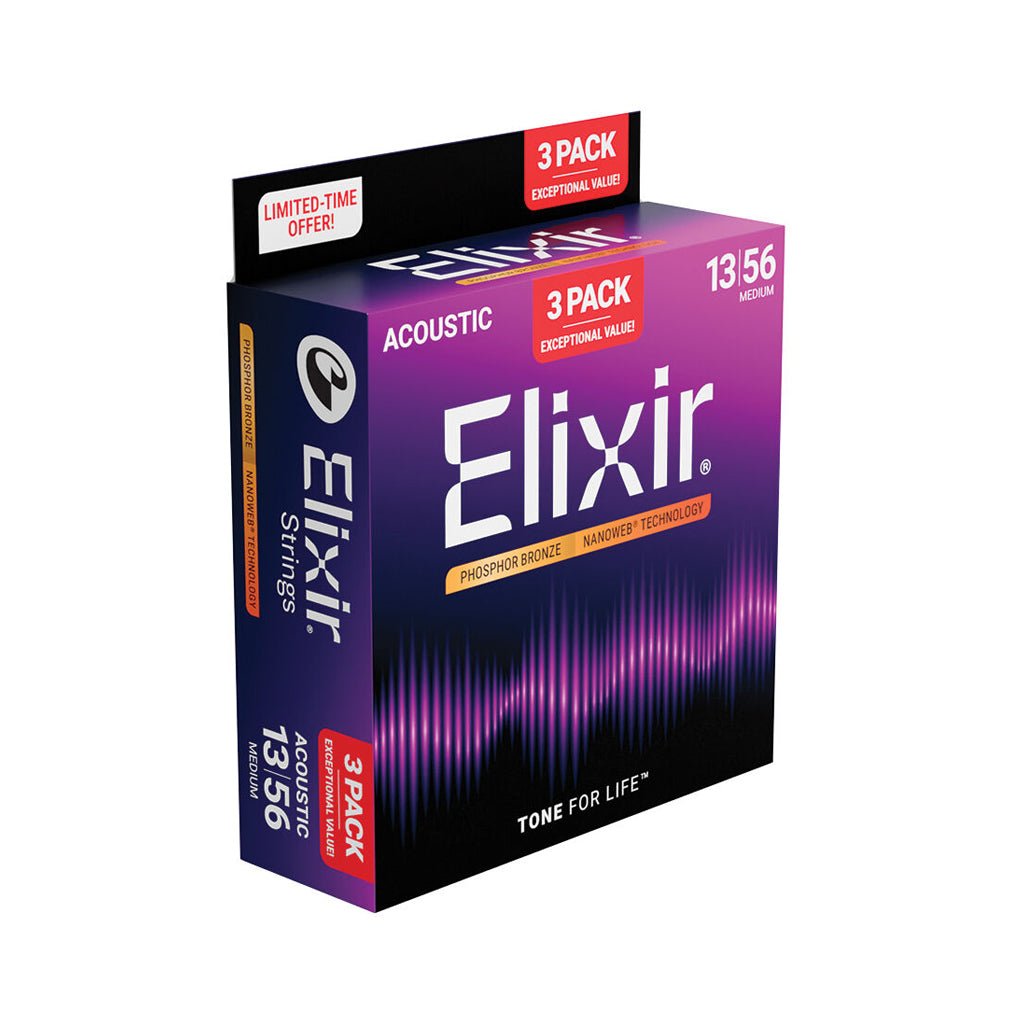 Elixir 16570 Nanoweb Phosphor Bronze 13-56 3 Pack Medium Fretted Instrument Strings Sky Music