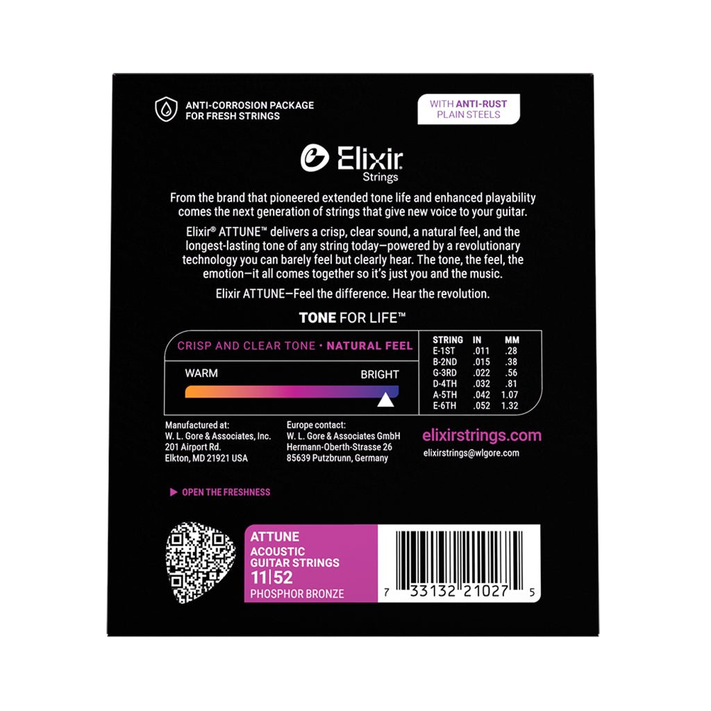 Elixir Attune Phosphor Bronze 11-52 Acoustic Guitar Strings - Custom Light Fretted Instrument Strings Sky Music
