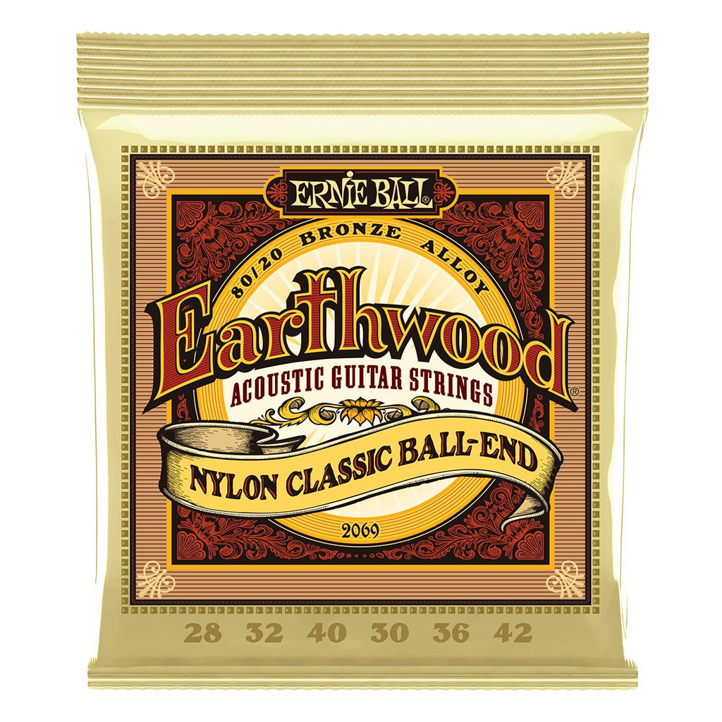 Ernie Ball Earthwood 80/20 Bronze Folk Nylon Classic Ball End Acoustic Guitar Strings, 28-42 Gauge Guitar Strings Sky Music