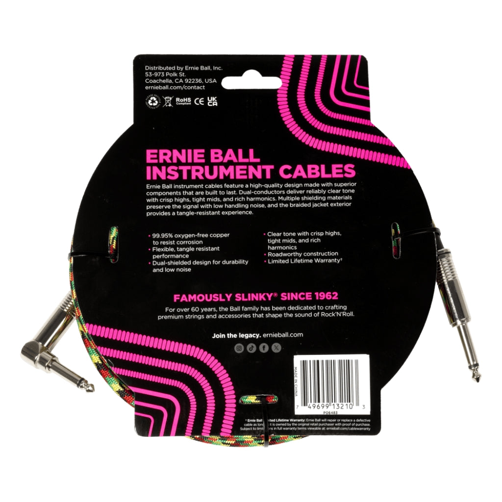 Ernie Ball - Braided Instrument Cable - 1/4-inch TS to 1/4-inch TS Angled, 18 feet, Good Vibrations