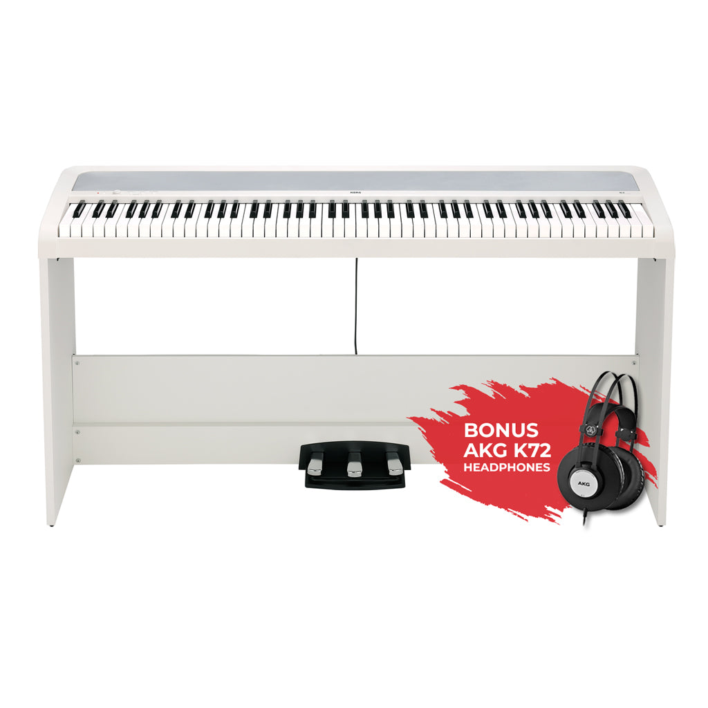 Korg B2SP 88 Weighted Hammer Action Digital White With Stand Pedals And AKG K 72 Headphones