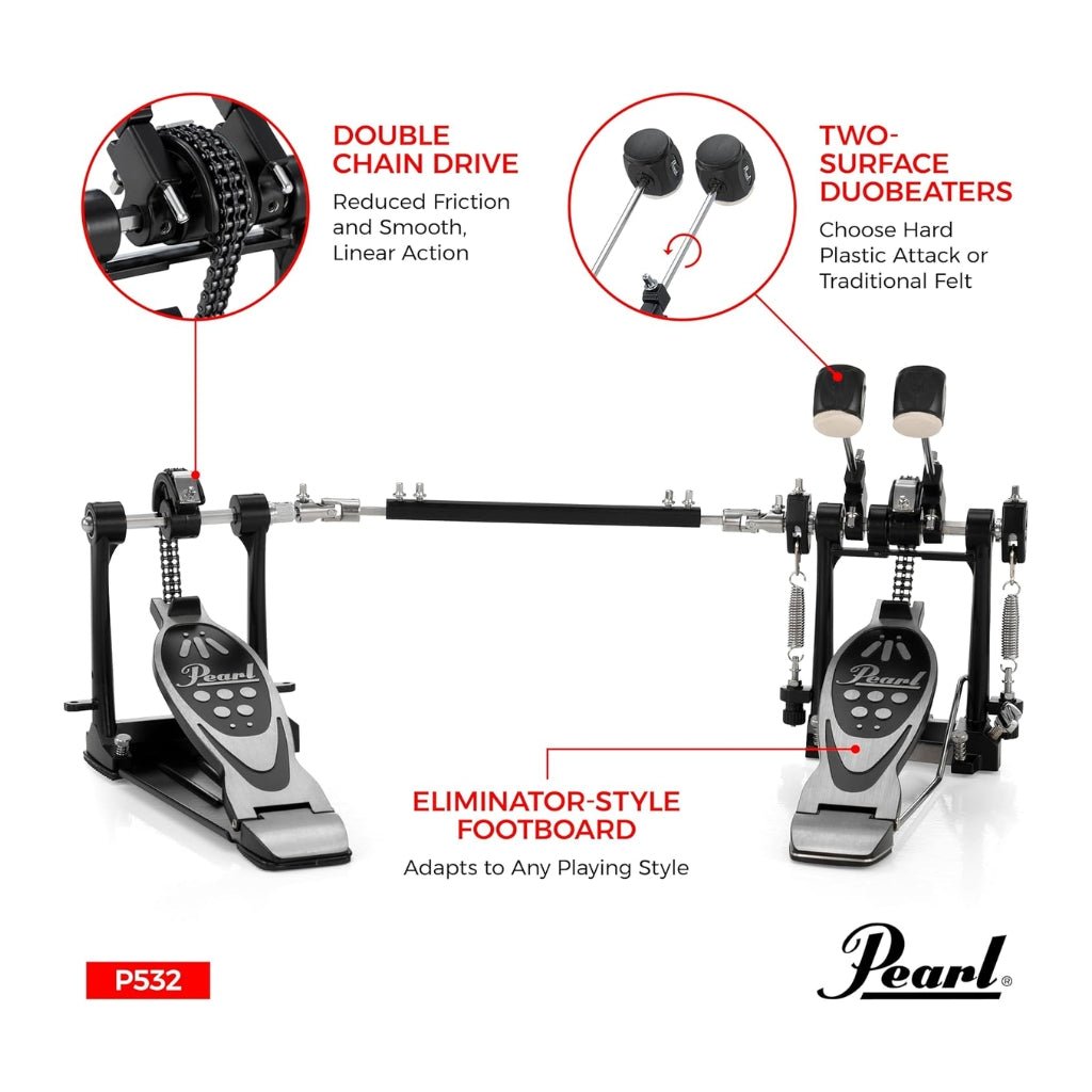 Pearl P532 Double Bass Drum Pedal - Double Chain, 2-Way Beater Drum Hardware Sky Music