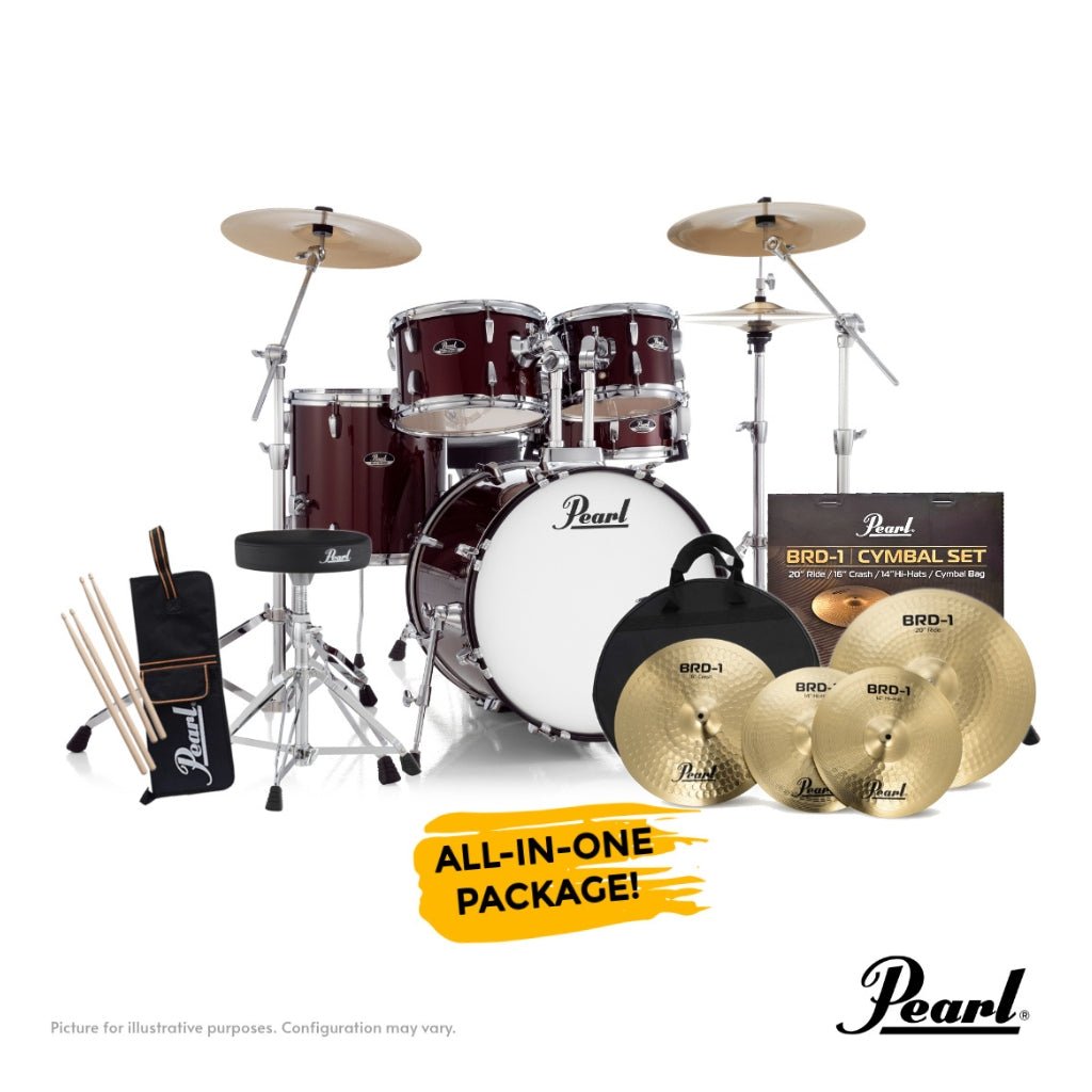 Pearl Roadshow-PLUS 5-PC Drum Kit Package 20/10/12/14 - Red Wine Acoustic Drums Sky Music