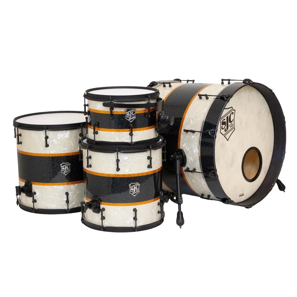 SJC Custom Drums 'Rule Of Thirds' 4 Piece Shell Pack - Aged White Pearl & Black/Gold Glitter stripes Acoustic Drums Sky Music