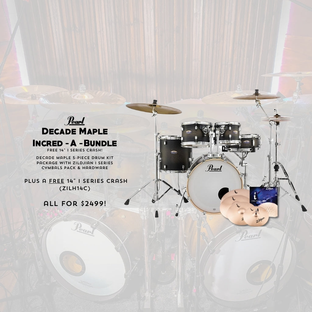 Pearl Decade Maple 5-Piece Drum Kit Package with Zildjian Cymbals & Hardware - Satin Black Burst - FREE 14" I Series crash (ZILH14C)