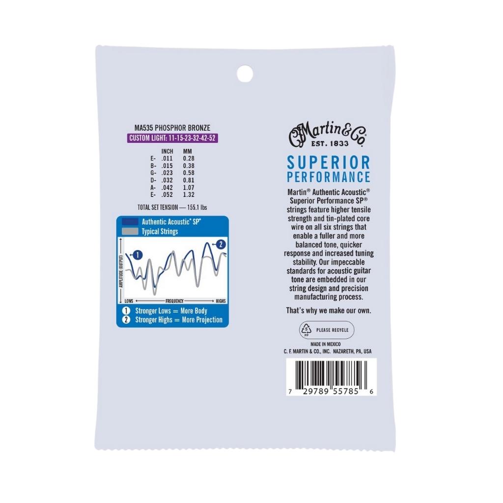 Martin MA535 Authentic SP 92/8 Custom Light Phosphor Bronze Acoustic Guitar Strings 11 52