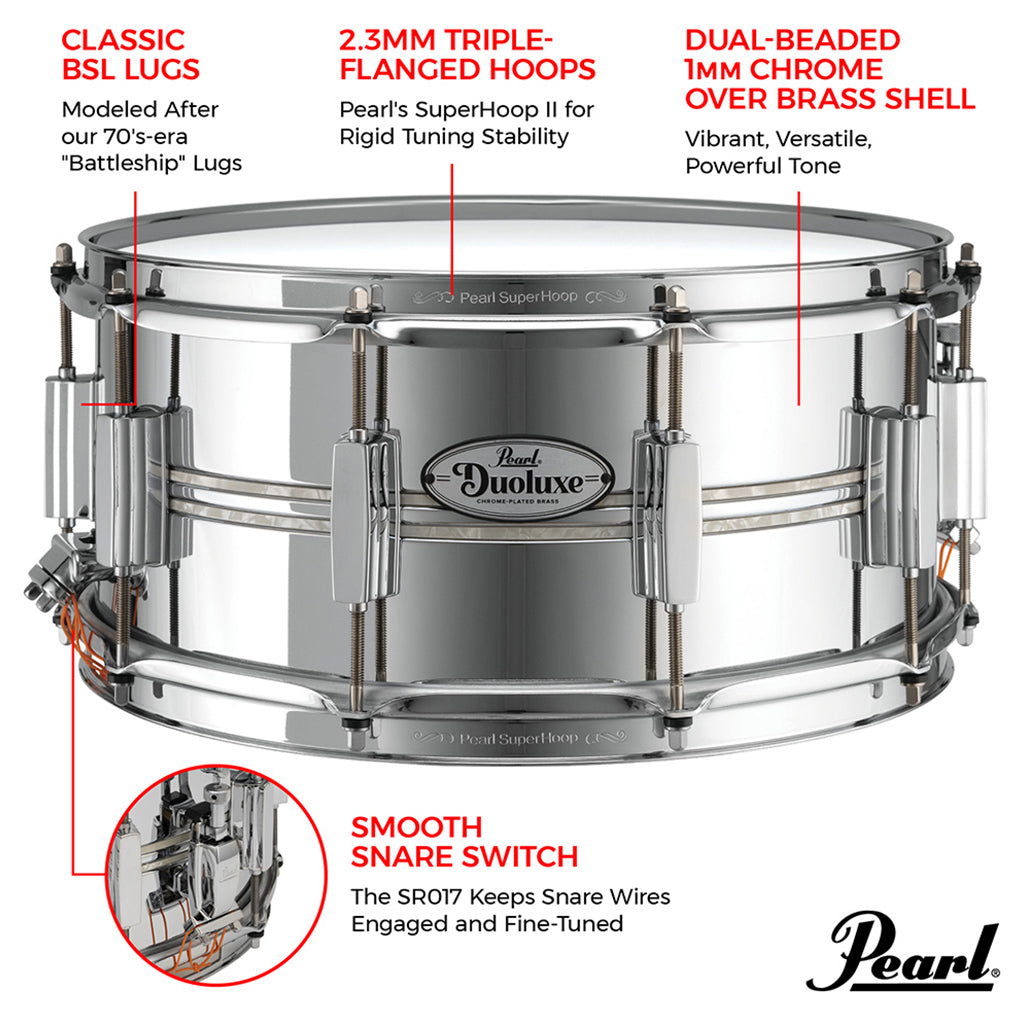 Pearl - 14"x6.5" Duoluxe - Chrome Over Brass Snare Drum