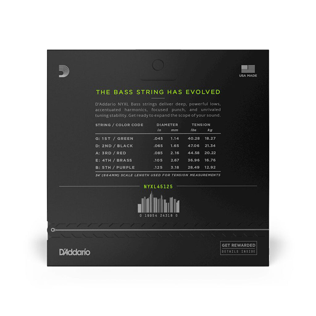 D'Addario - NYXL45125 - Nickel Wound Bass Guitar Strings, 5-String Lt Top / Med Btm, 45-125, Long Scale