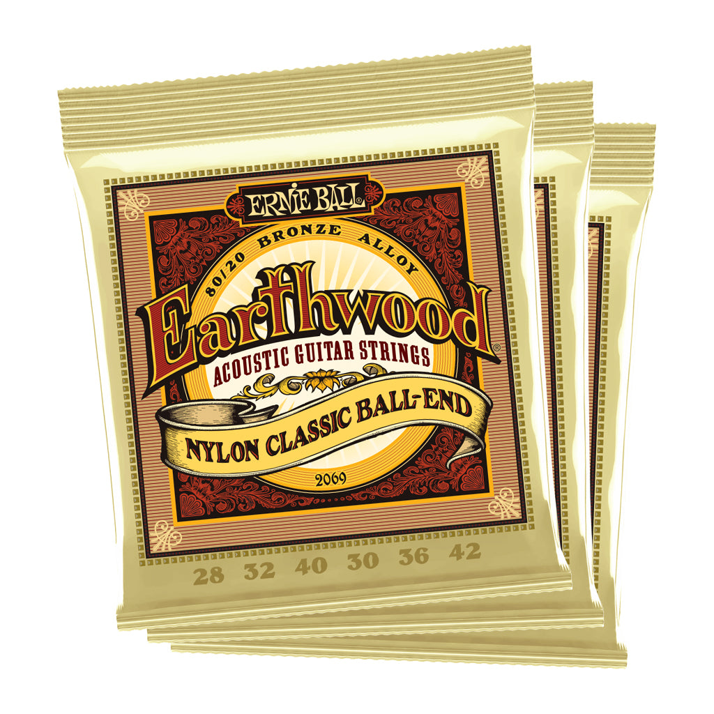 Ernie Ball Earthwood Folk Nylon, Clear and Gold w/Ball End, 8020 Bronze 28 42 Acoustic Guitar Strings 3 Pack