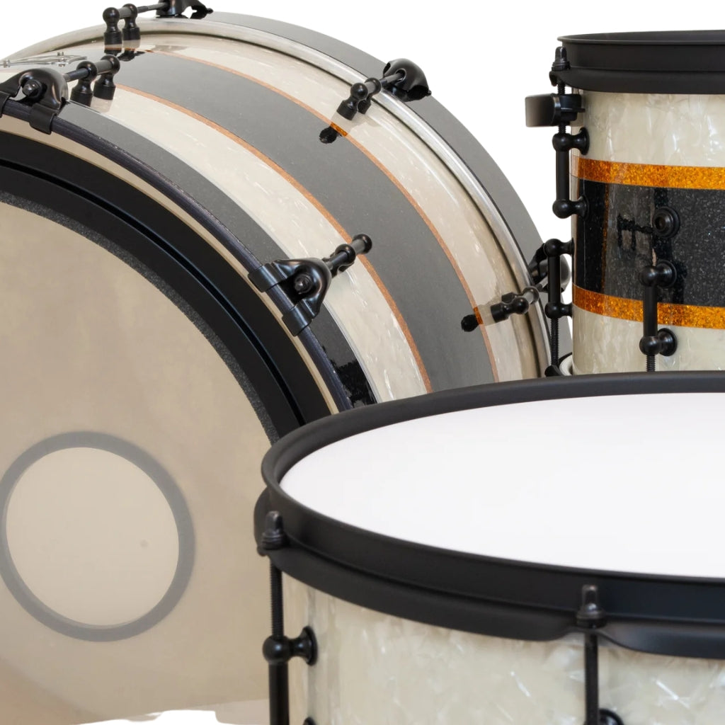 SJC Custom Drums - 'Rule Of Thirds' 4 Piece Shell Pack - Aged White Pearl & Black/Gold Glitter stripes