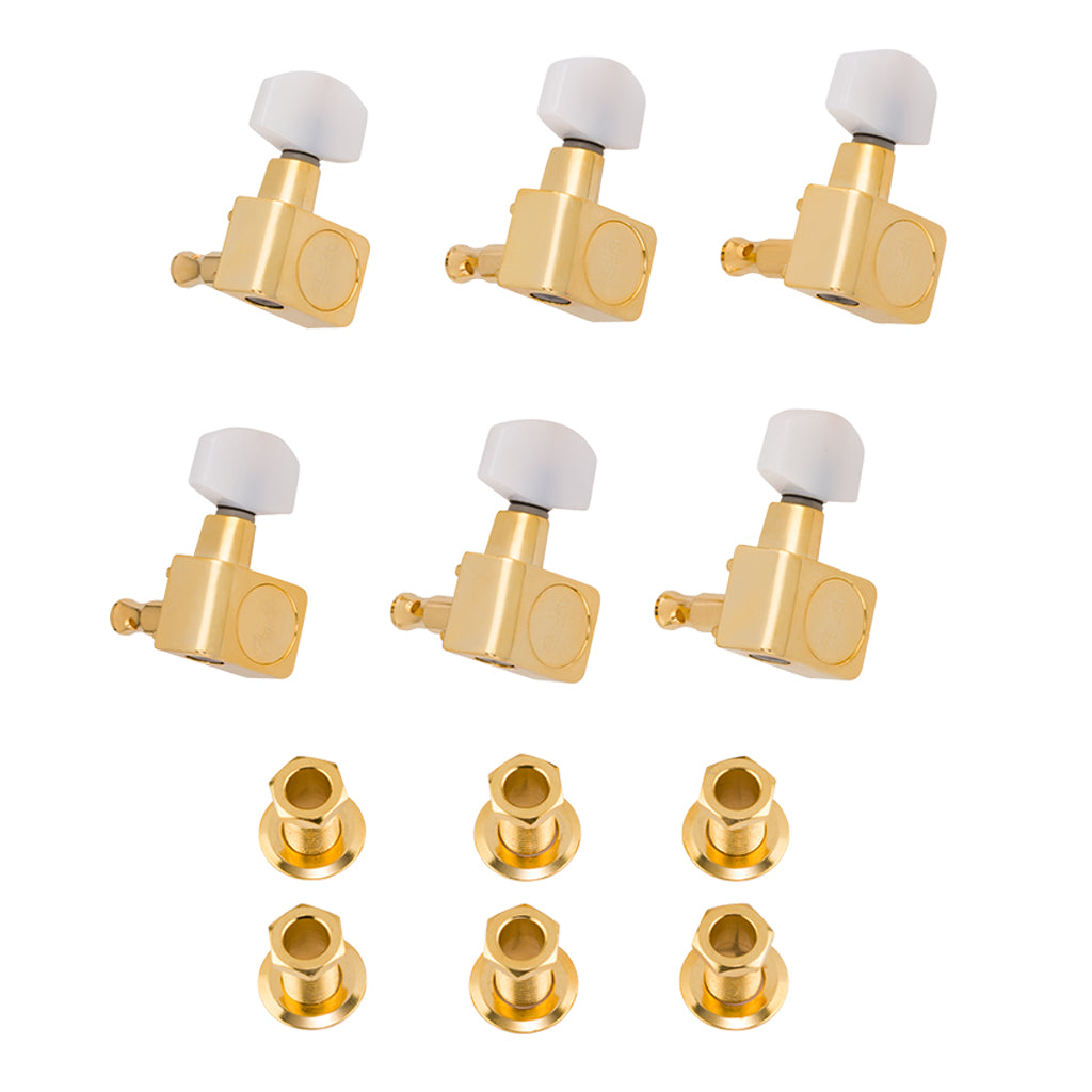 Fender Deluxe Cast Sealed Guitar Tuning Machines with Pearl Buttons Set of 6 in Gold