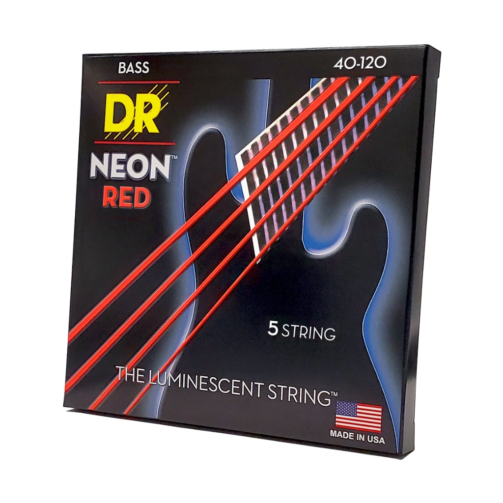 DR Strings - Hi-Def Neon Red K3 Coated 5-string Bass Guitar Strings - Light 40-120
