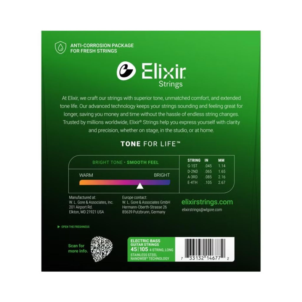 Elixir - Strings Nanoweb Electric Bass Guitar Strings - .045-.105 Light/Medium, Long Scale