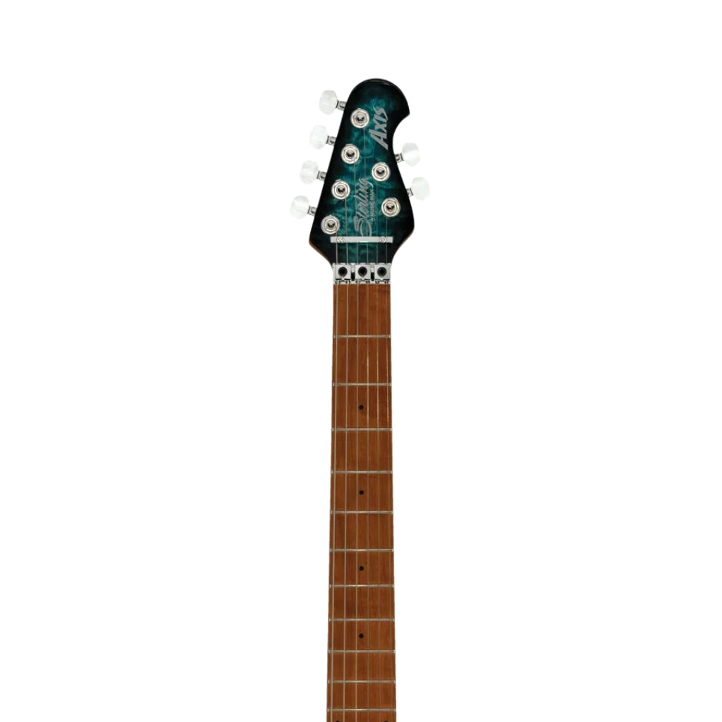 Sterling Axis Quilted Maple Top Electric Guitar - Yucatan Blue headstock